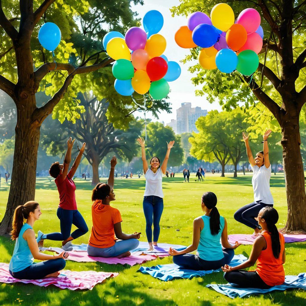 A warm and inviting scene of diverse people joyfully interacting in a sunlit park, sharing laughter and connecting through various activities like group yoga, painting, and picnicking. Include colorful balloons and banners with positive messages about happiness and connection. Incorporate elements of nature, such as blooming flowers and trees, to symbolize growth and harmony. cheerful cartoon style. vibrant colors. natural setting.