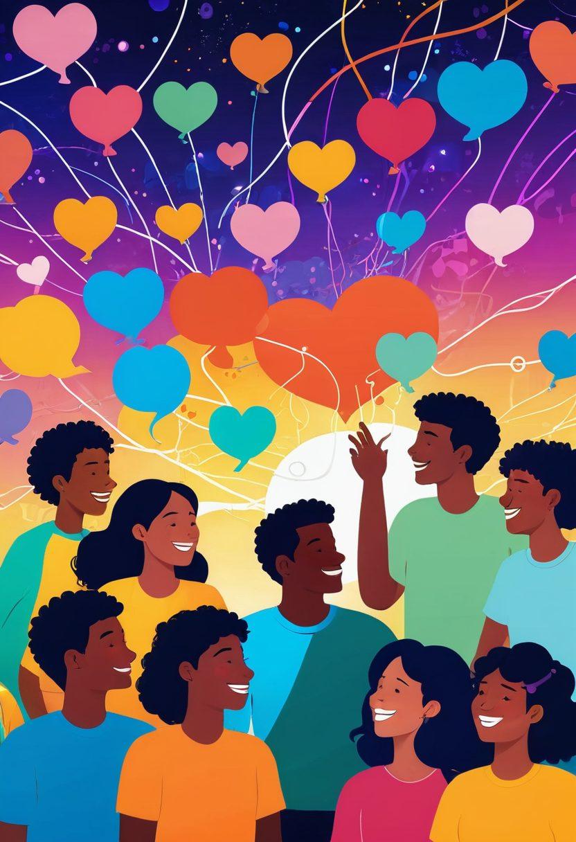 A vibrant illustration depicting diverse people engaging in joyful conversations and activities, surrounded by glowing interconnected lines symbolizing networks. Include elements like colorful speech bubbles, hearts, and uplifting nature in the background to evoke a sense of community and well-being. The overall atmosphere should radiate positivity and connection. vibrant colors. super-realistic.