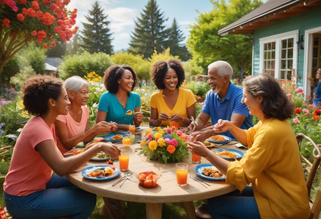 A warm, inviting community scene with diverse individuals engaging in joyful activities, such as sharing a meal, playing games, or dancing, surrounded by vibrant greenery and colorful flowers. Include symbolic elements of connection, like intertwined hands or heart shapes in the background. The atmosphere should radiate happiness and togetherness, capturing the essence of well-being and community bonds. vibrant colors. super-realistic.